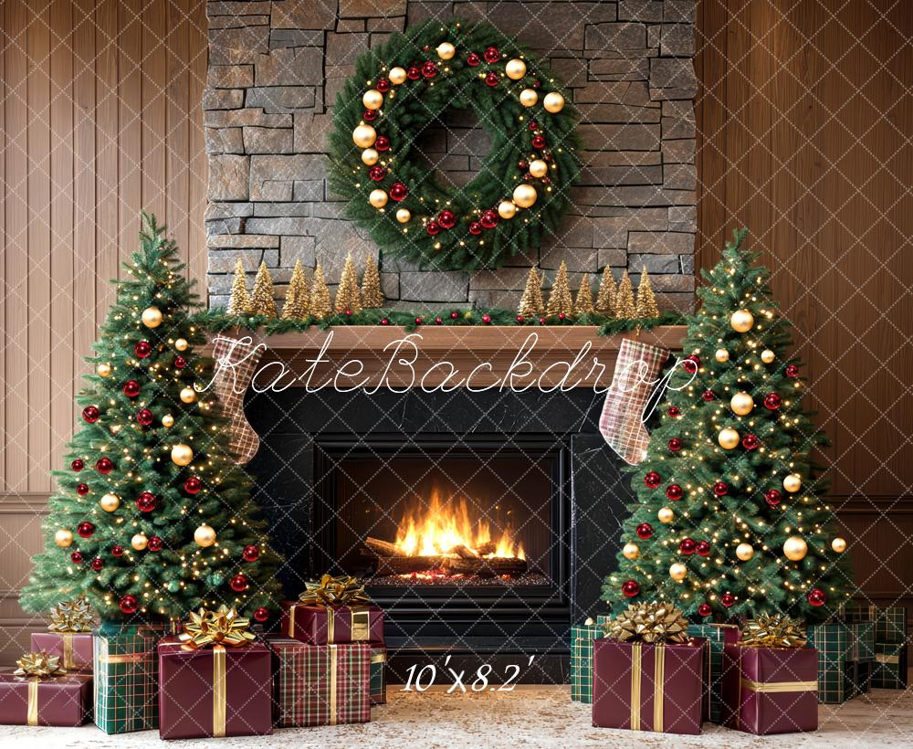 Kate Weihnachten Kamin Weihnachtsbaum Geschenke Hintergrund Entworfen von Mini MakeBelieve - Kate Backdrop.de