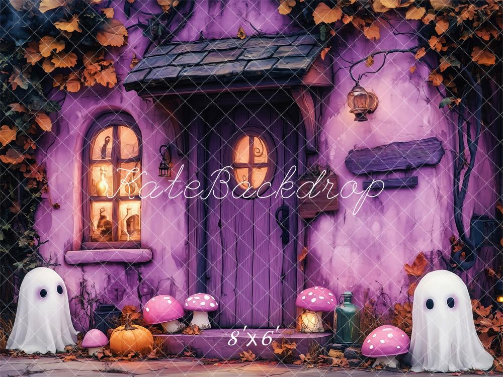 Kate Halloween Lila Haus Geister Kürbis Pilze Hintergrund Entworfen von Patty Roberts - Kate Backdrop.de