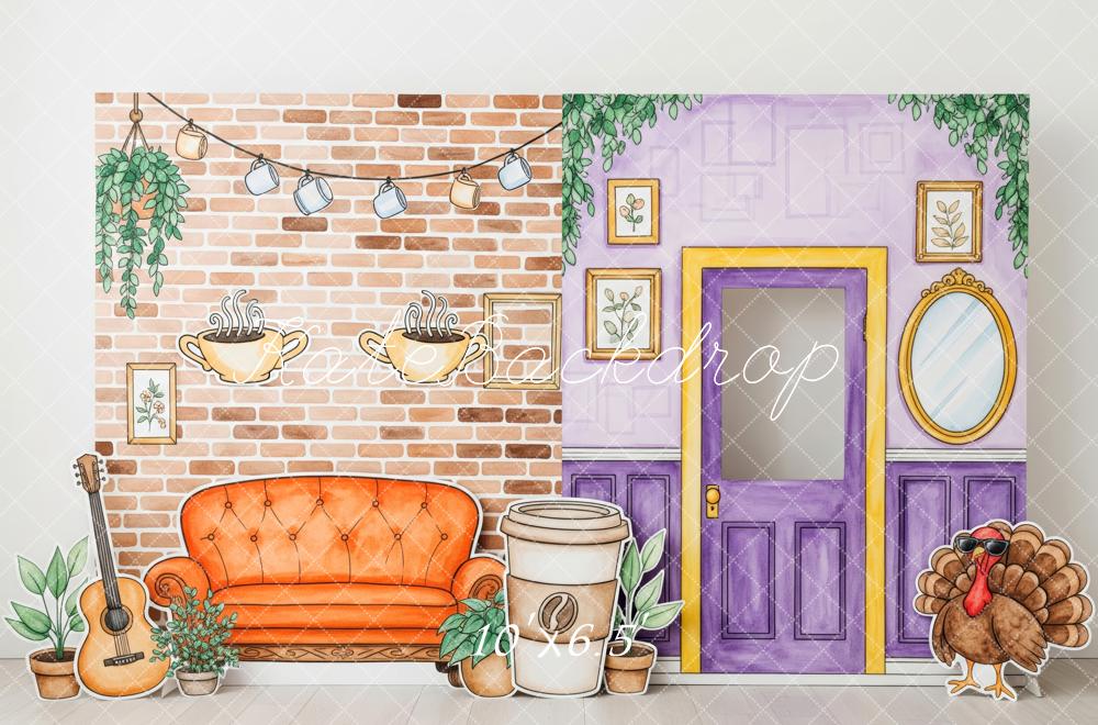 Kate Herbst Wohnzimmer Backsteinwand Lila Tür Hintergrund Entworfen von Patty Roberts - Kate Backdrop.de