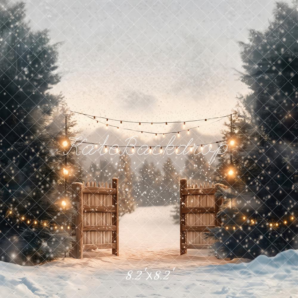 ⚡Blitzangebote-Kate Winter Lichterkette Holztor Schnee Hintergrund Entworfen von Emetselch - Kate Backdrop.de