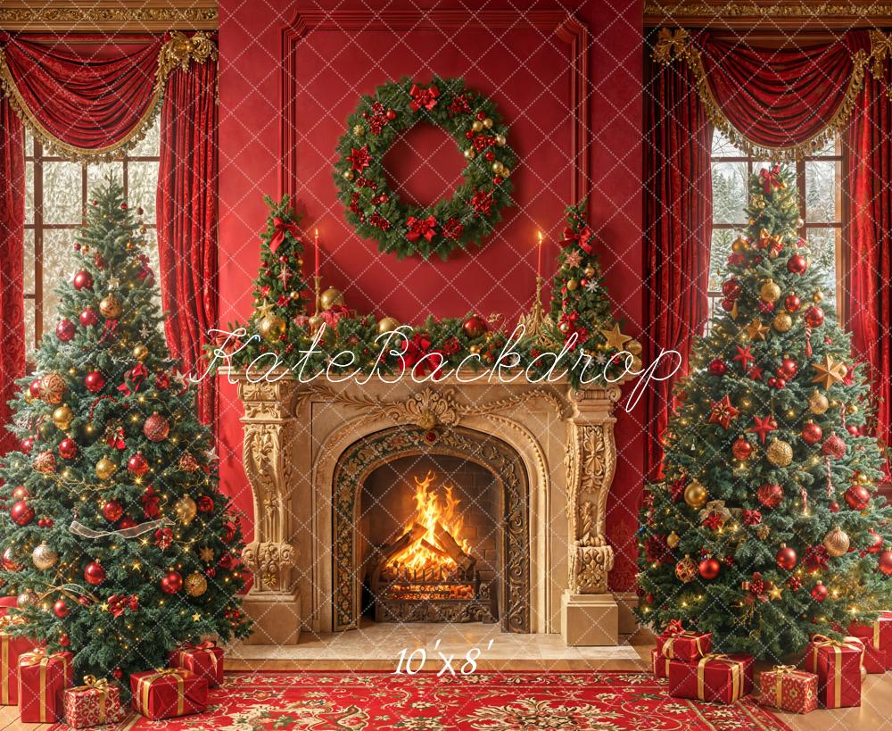 Kate Weihnachten Kamin Weihnachtsbaum Rot Fleece Hintergrund Entworfen von Emetselch - Kate Backdrop.de