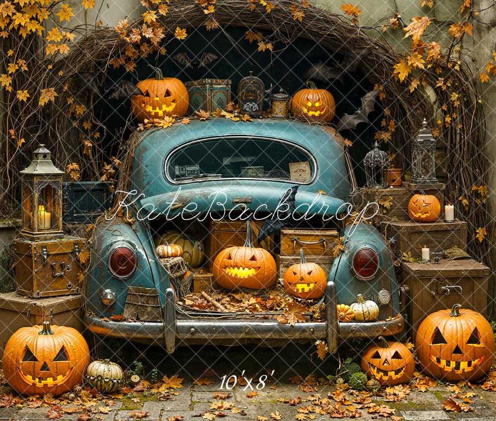 Kate Halloween Kürbisse Altes Auto Herbstlaub Fleece Hintergrund Entworfen von Emetselch - Kate Backdrop.de