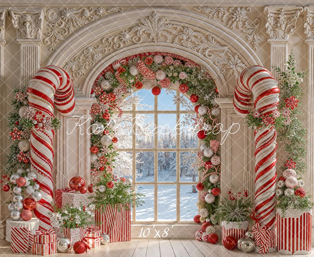 Kate Weihnachten Zuckerstangen Fenster Rot Weiß Fleece Hintergrund Entworfen von Emetselch - Kate Backdrop.de