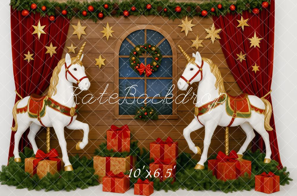 Kate Weihnachten Einhörner Geschenke Holz Hintergrund Entworfen von Patty Roberts - Kate Backdrop.de