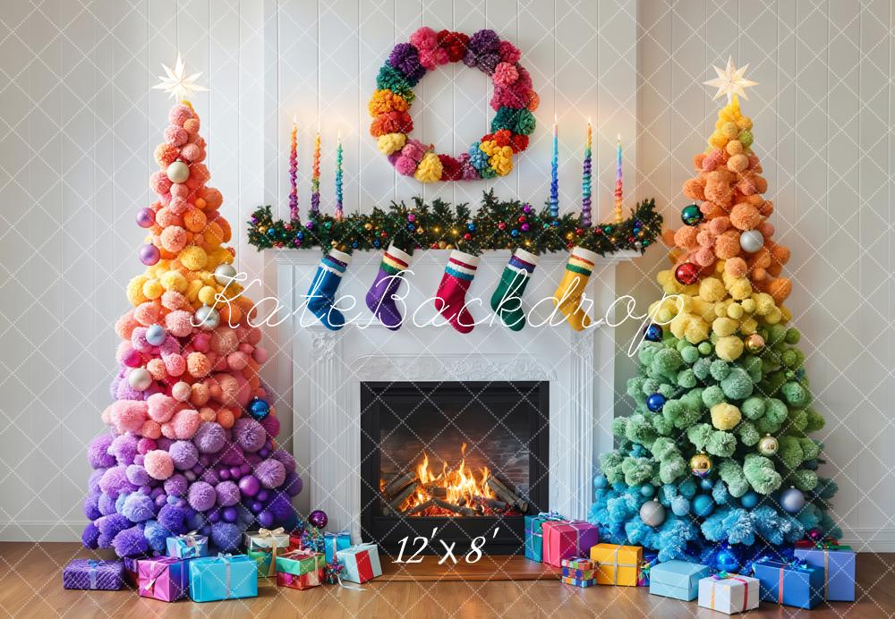 Kate Weihnachten Regenbogen Weihnachtsbäume Kamin Fleece Hintergrund Entworfen von Emetselch
