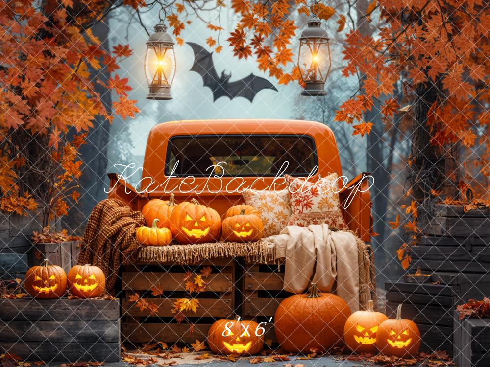 Kate Halloween Kürbisse Pickup Herbstlaub Fleece Hintergrund Entworfen von Emetselch - Kate Backdrop.de