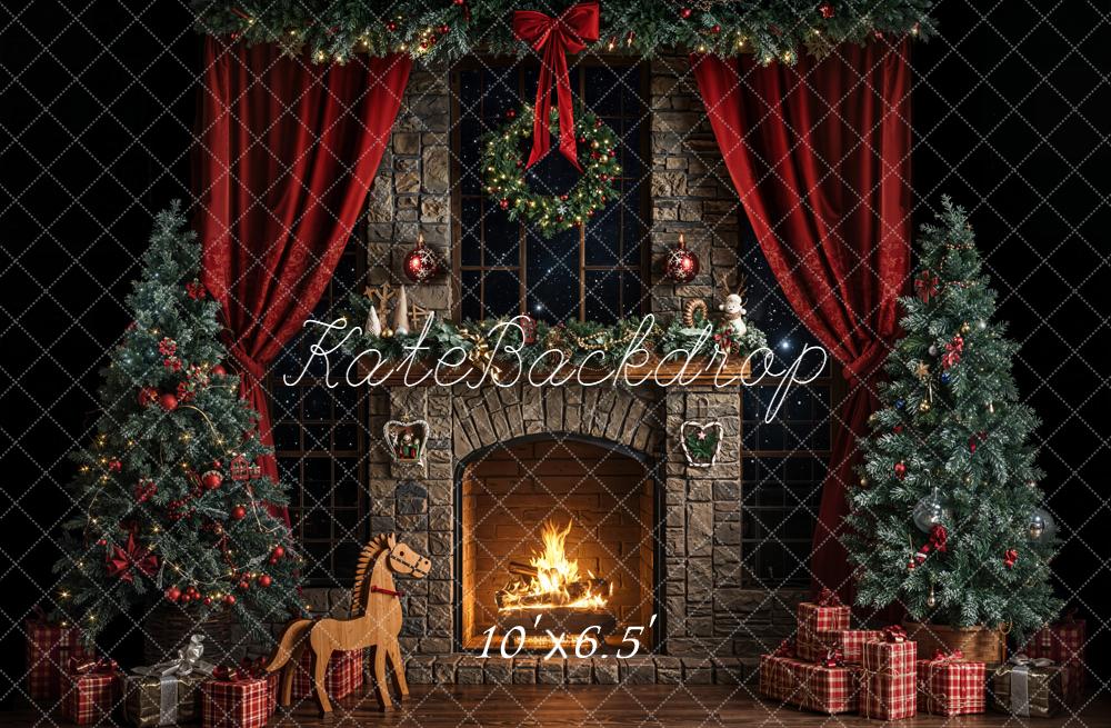 Kate Weihnachten Kamin Tannenbaum Rot Hintergrund Entworfen von Emetselch - Kate Backdrop.de