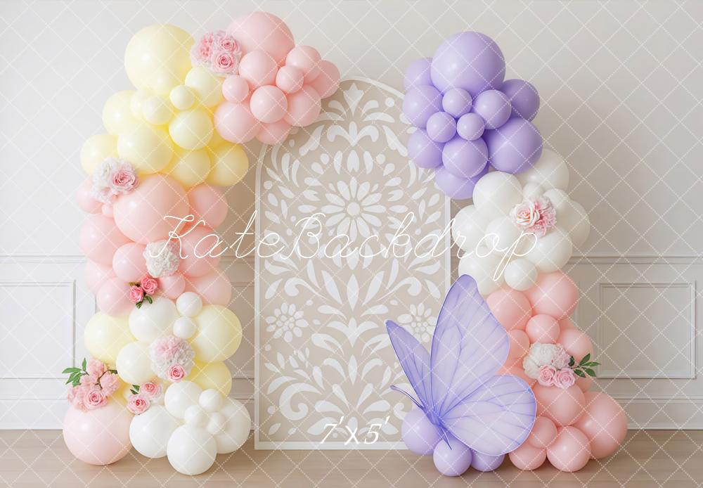 Kate Blumenbogen Ballons Schmetterling Pastell Hintergrund Entworfen von Mini MakeBelieve - Kate Backdrop.de