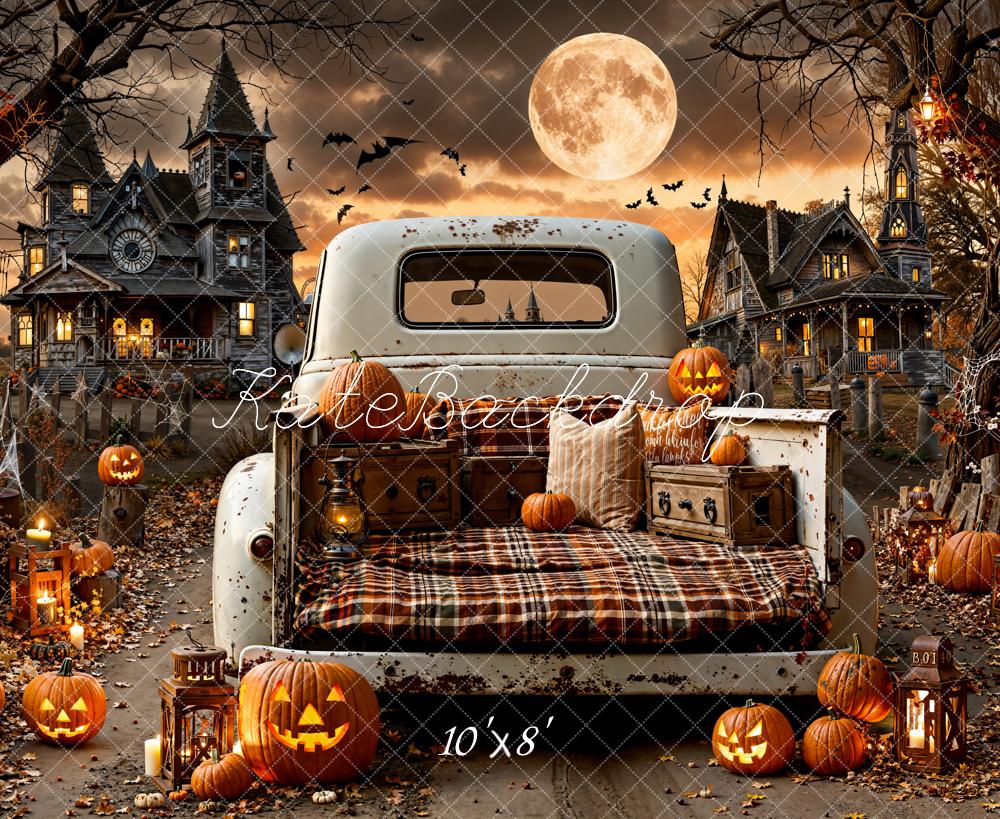Kate Halloween Oldtimer Kürbisse Spukhaus Fleece Hintergrund Entworfen von Emetselch - Kate Backdrop.de