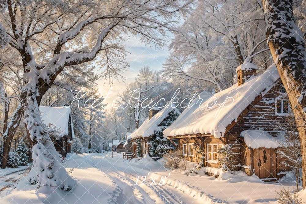 Kate Winter Dorf Schnee Natur Fleece Hintergrund Entworfen von Emetselch - Kate Backdrop.de
