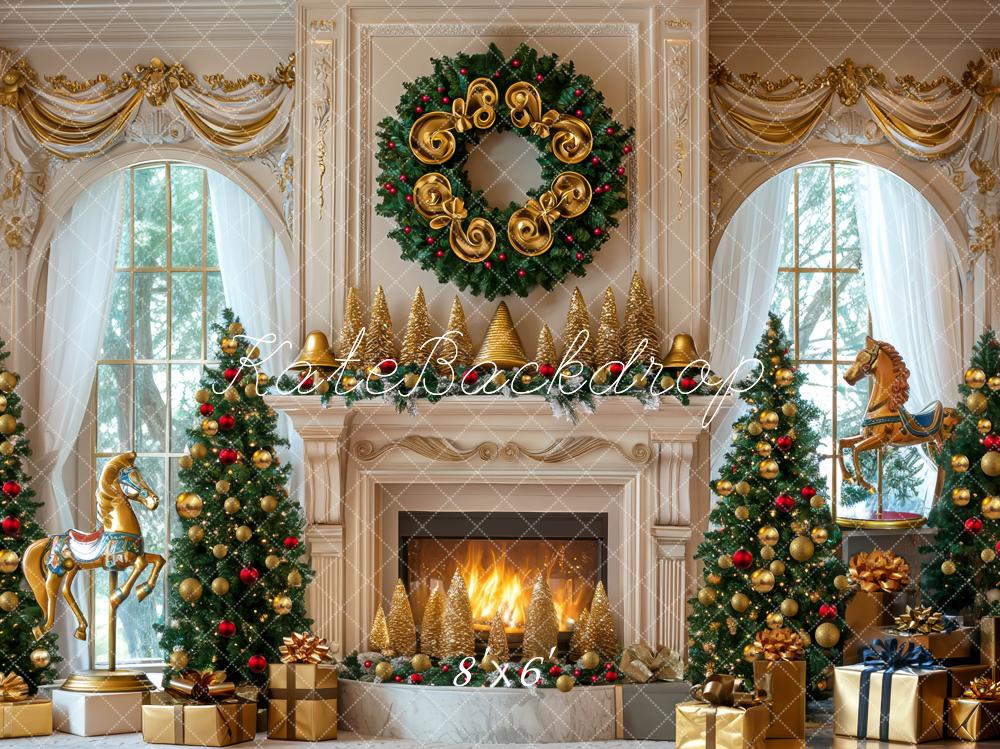 Kate Weihnachten Kamin Tannenbäume Gold Hintergrund Entworfen von Mini MakeBelieve - Kate Backdrop.de