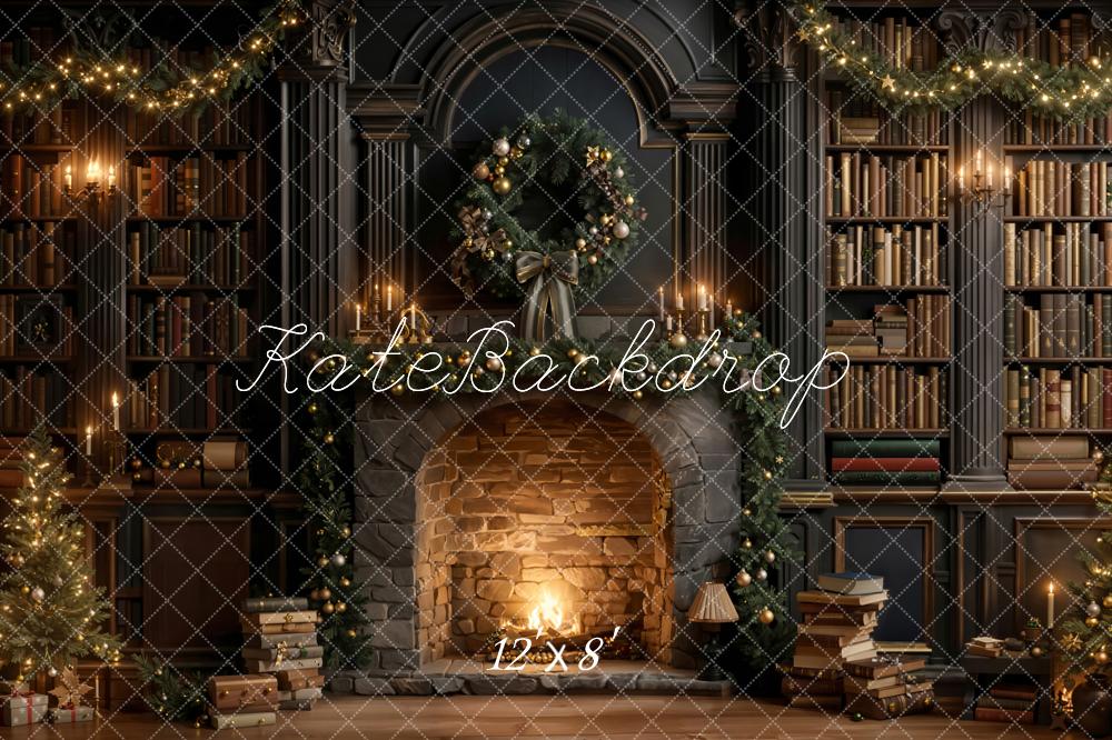 Kate Weihnachten Kamin Bücherregal Gemütlich Fleece Hintergrund Entworfen von Emetselch - Kate Backdrop.de