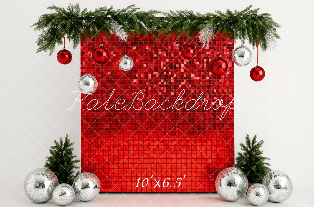 Kate Weihnachten Glitzer Kugeln Rot Hintergrund Entworfen von Patty Roberts - Kate Backdrop.de