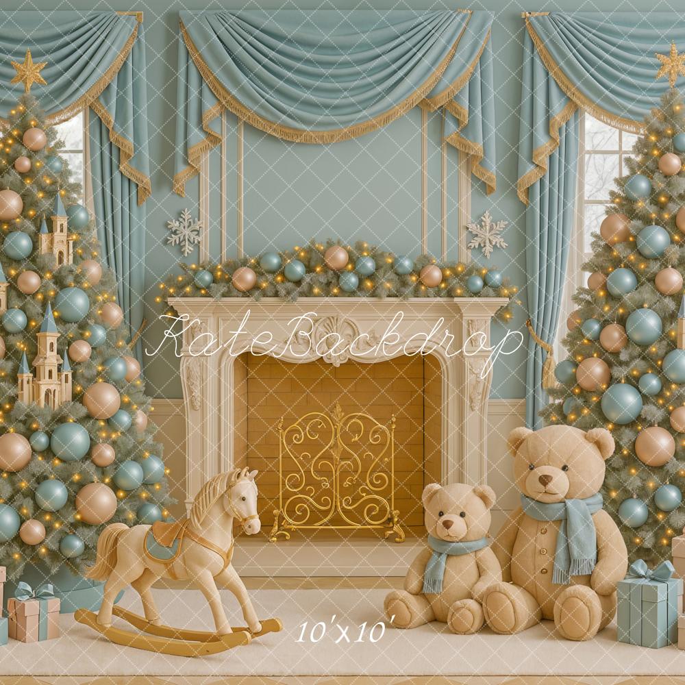 Kate Weihnachten Kamin Teddybär Pastell Hintergrund Entworfen von Ashley Paul - Kate Backdrop.de