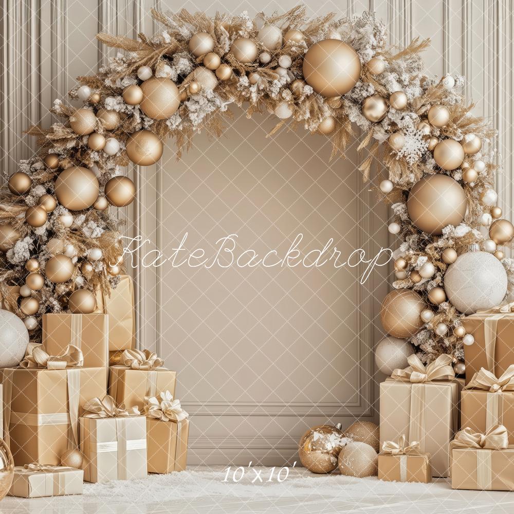 Kate Weihnachten Blumenbogen Geschenke Gold Hintergrund Entworfen von Patty Roberts - Kate Backdrop.de