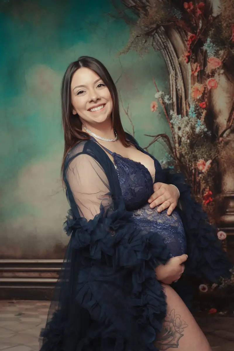 Kate Mesh V-Ausschnitt Langarm-Fotokleid mit Plisseedetails für Schwangerschaft & Hochzeitsfotos - Kate Backdrop.de