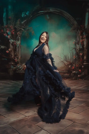 Kate Mesh V-Ausschnitt Langarm-Fotokleid mit Plisseedetails für Schwangerschaft & Hochzeitsfotos