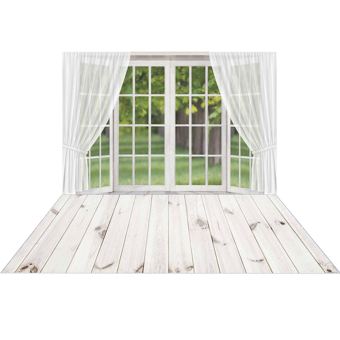 Kate Fenster weißer Vorhang Frühlingshintergrund + Weiß Retro Holz Bodenmatte - Kate Backdrop.de