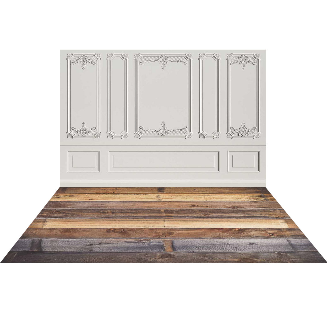 Kate weißer grauer eleganter Wandhintergrund + Braun graue Holz Gummibodenmatte - Kate Backdrop.de