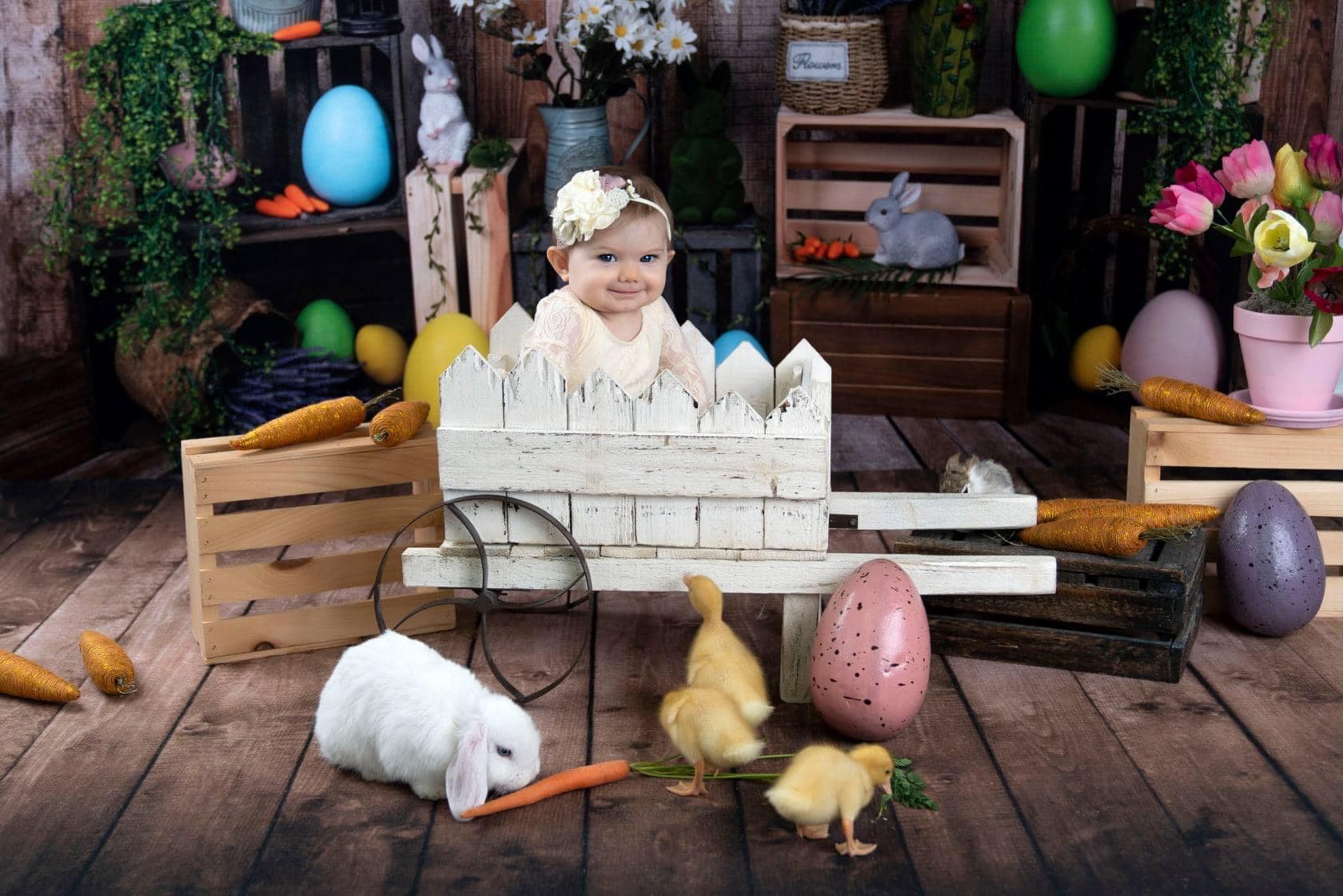 Kate Ostern Karotte Kaninchen Ostereier bunte Blume Hintergrund für Fotografie - Kate Backdrop.de