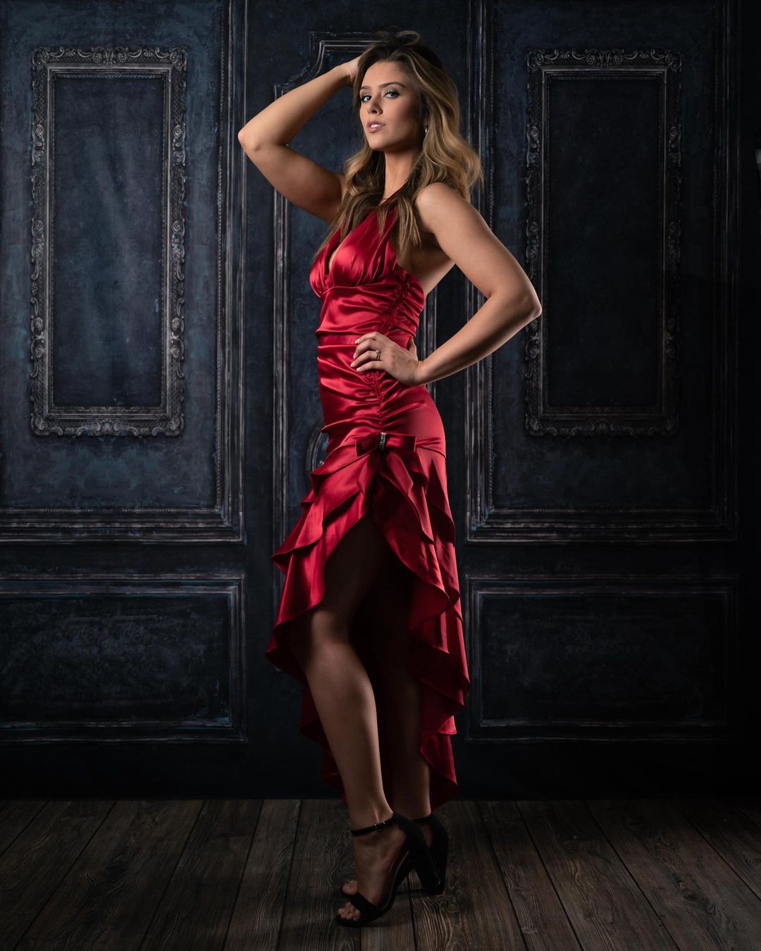 Kate Retro Deep Blue Wall Tür Hintergrund+Vintage Dark Wood Gummibodenmatte - Kate Backdrop.de