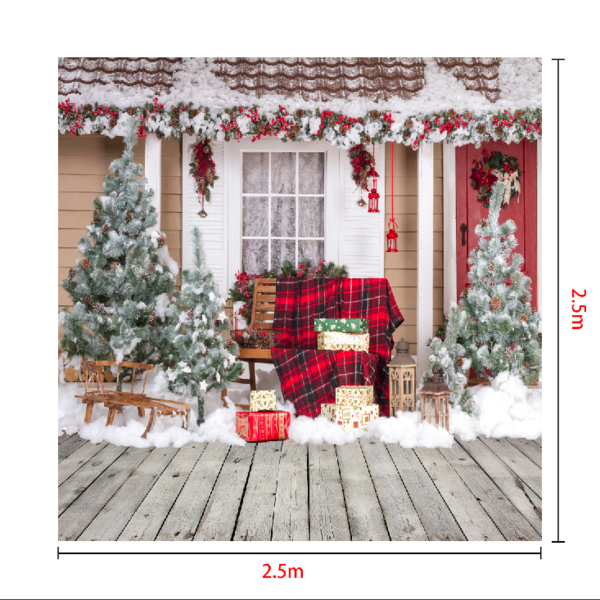 Kate Schnee außerhalb des Hauses mit Weihnachtsbäumen und Geschenken für Fotografie - Kate Backdrop.de