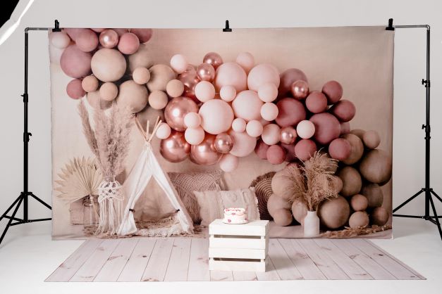 Kate Boho Luftballons Zelt Frühling Mädchen rosa Hintergrund Geburtstag von Mandy Ringe Photography - Kate Backdrop.de