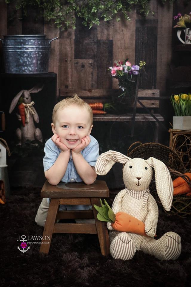 Kate Holz Hintergrund mit Kaninchen Dekorationen Ostern Frühling Kinder Kulisse für Fotografie von Erin Larkins entworfen - Kate Backdrop.de