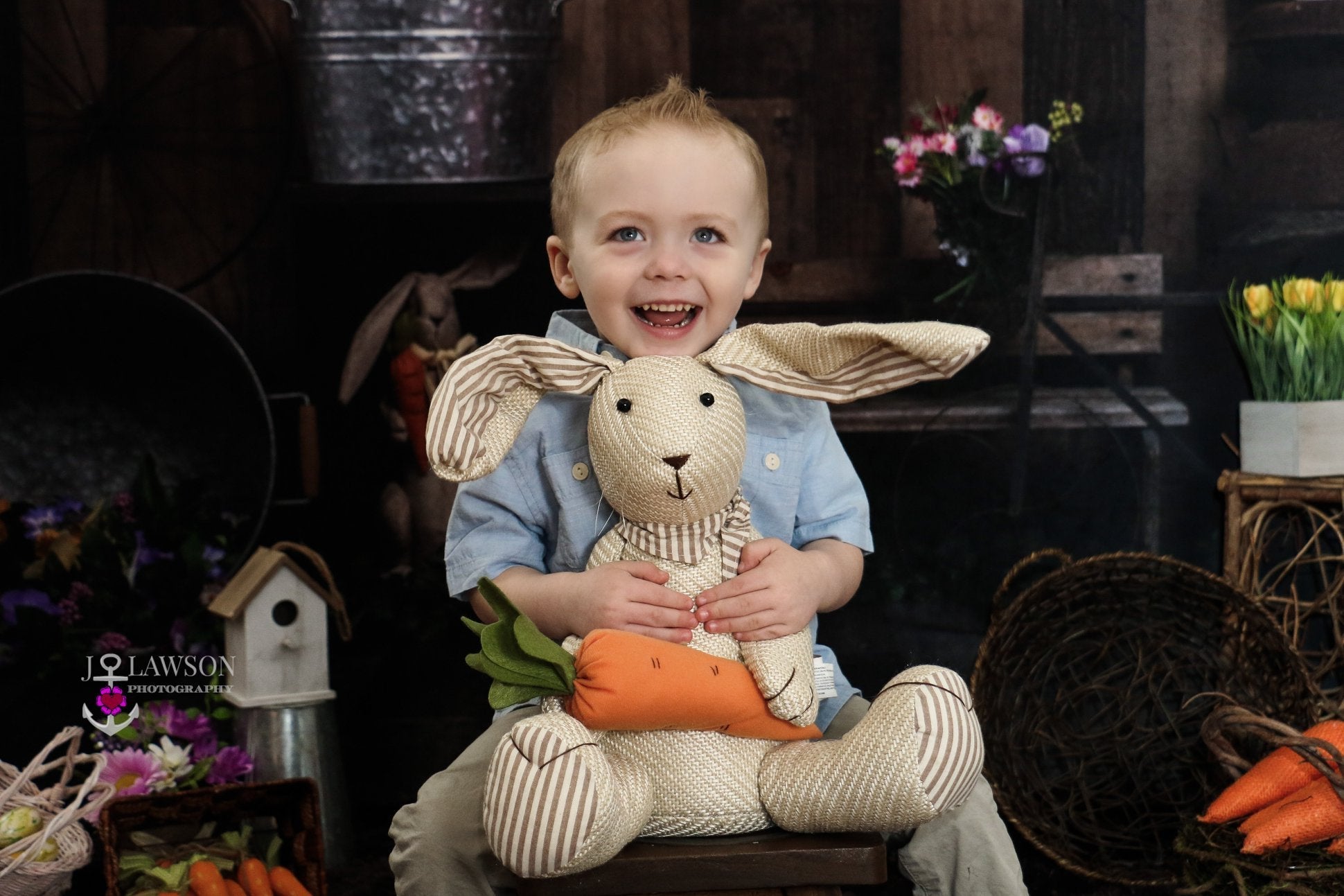 Kate Holz Hintergrund mit Kaninchen Dekorationen Ostern Frühling Kinder Kulisse für Fotografie von Erin Larkins entworfen - Kate Backdrop.de