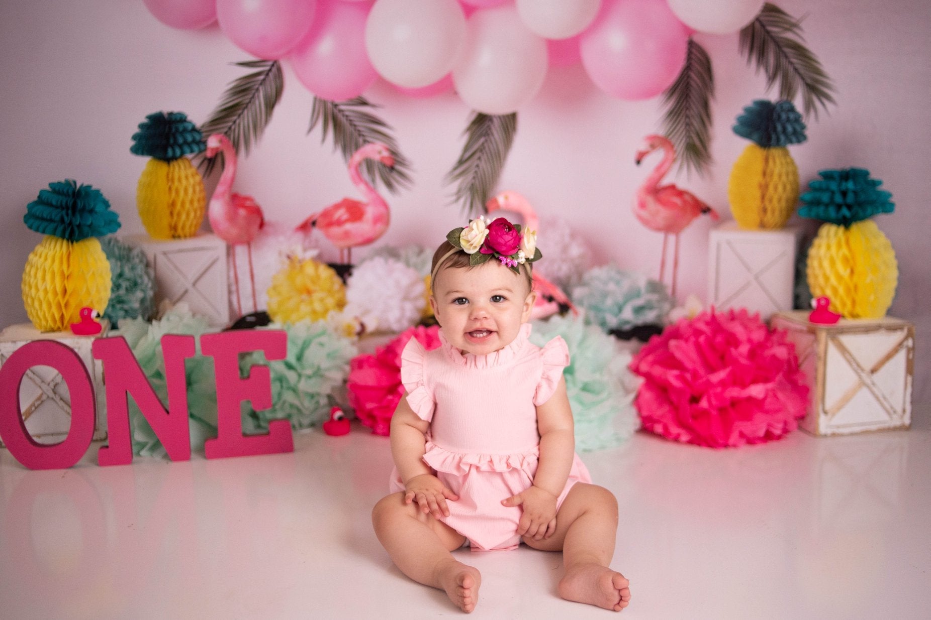 Kate Balloons Blumen Flamingo Sommer Kulisse für Fotografie von Mandy Ringe Fotografie entworfen - Kate Backdrop.de