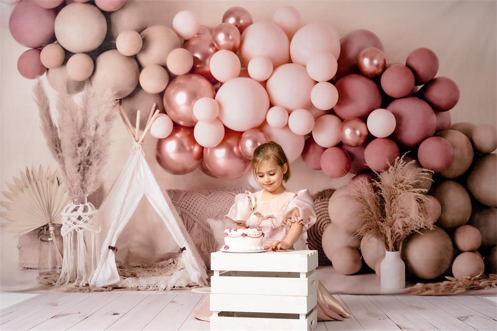 Kate Boho Luftballons Zelt Frühling Mädchen rosa Hintergrund Geburtstag von Mandy Ringe Photography - Kate Backdrop.de