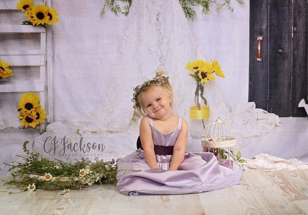Kate Sonnenblumen und weißes Zelt-Hochzeits-Mädchen-Hintergrund für die Fotografie entworfen von Erin Larkins - Kate Backdrop.de