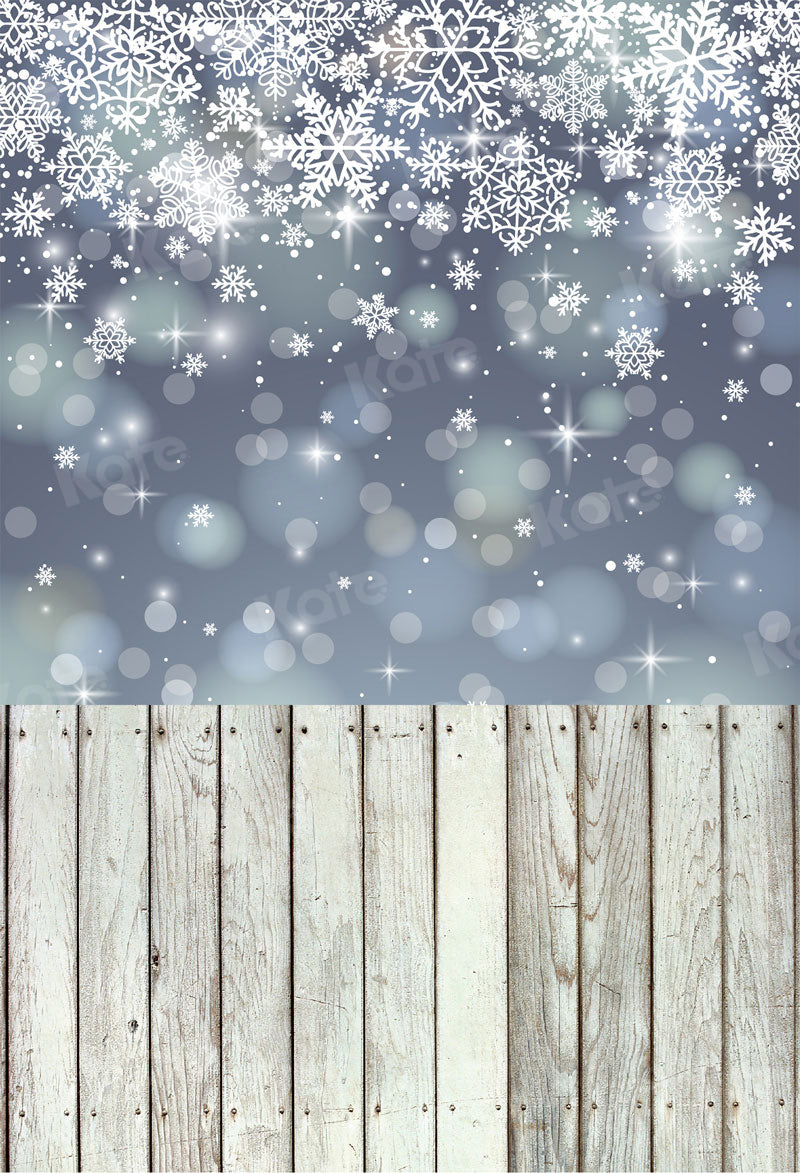 Kate Kombibackdrop Bokeh Winter Schneeflocke Holz grau Hintergrund - Kate Backdrop.de