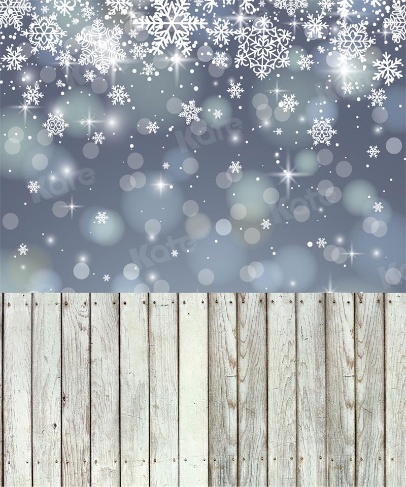Kate Kombibackdrop Bokeh Winter Schneeflocke Holz grau Hintergrund - Kate Backdrop.de