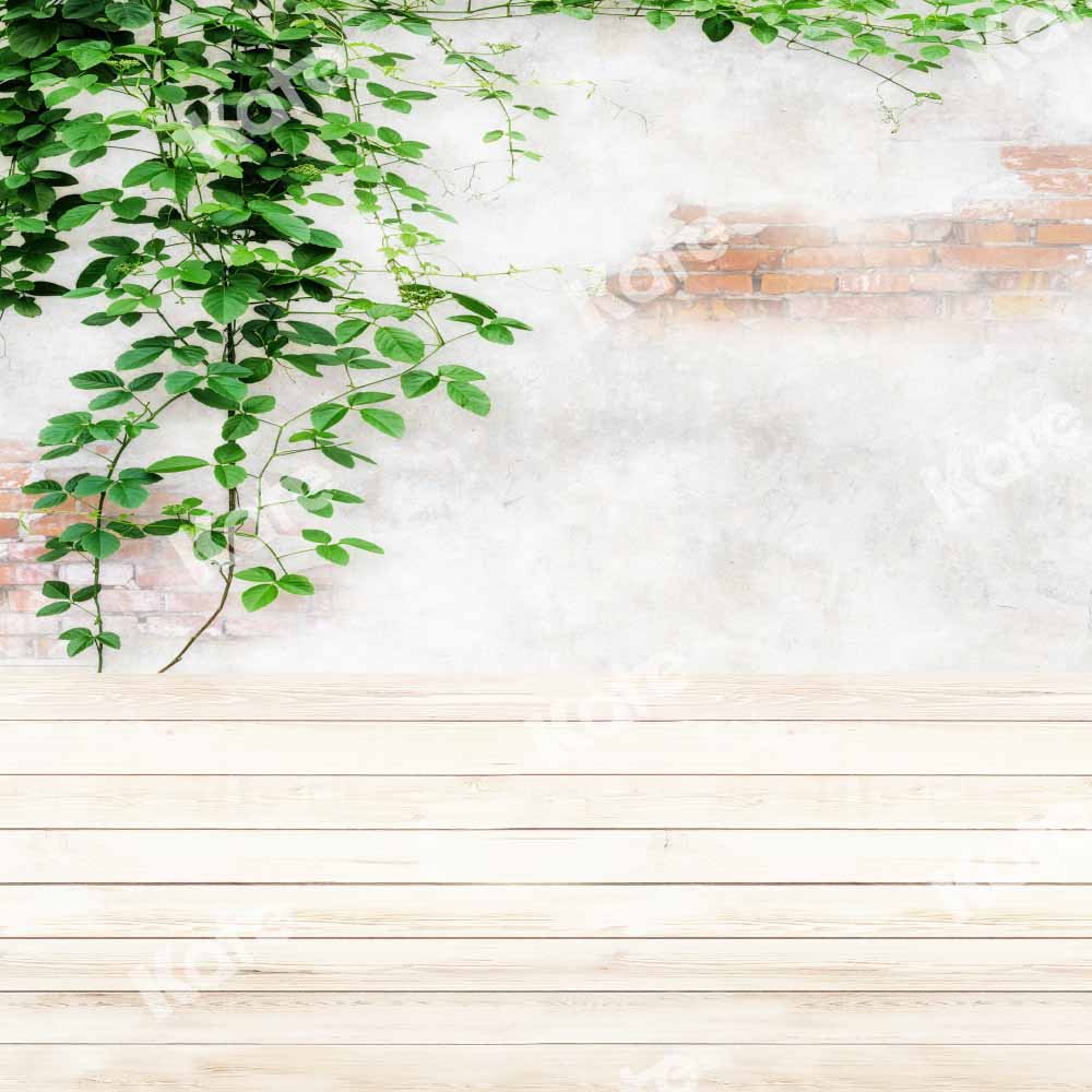 Kate Kombibackdrop Frühling Grünes Blatt Ziegelwand Holz Hintergrund - Kate Backdrop.de