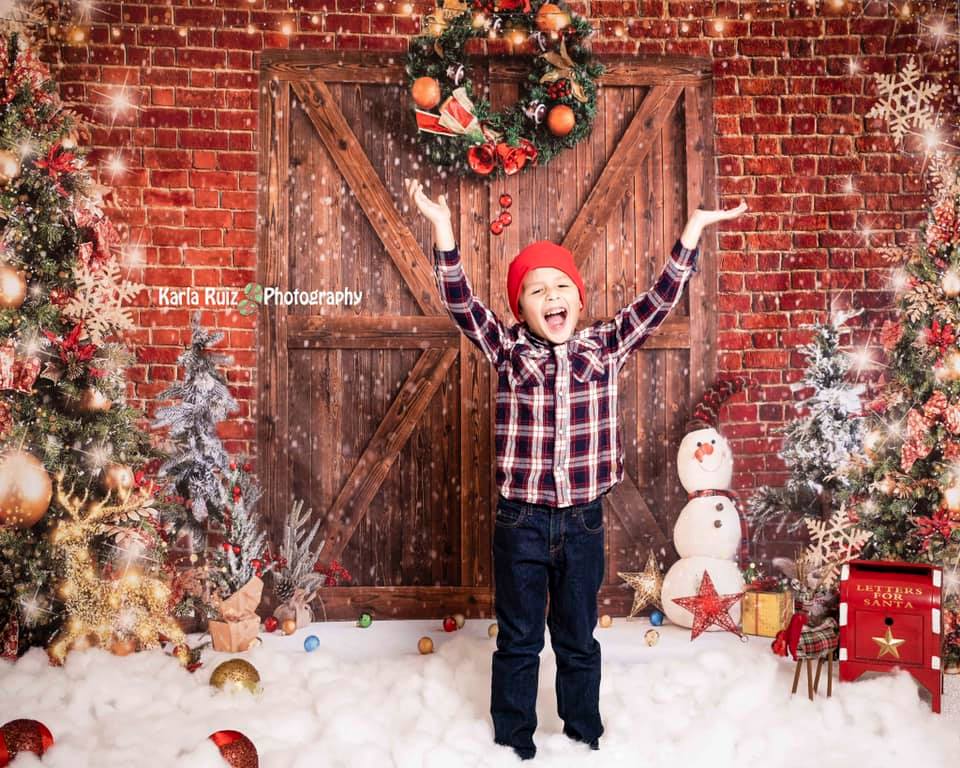 Kate Weihnachten Scheunentor Backstein Schneemann Hintergrund für Fotografie - Kate Backdrop.de