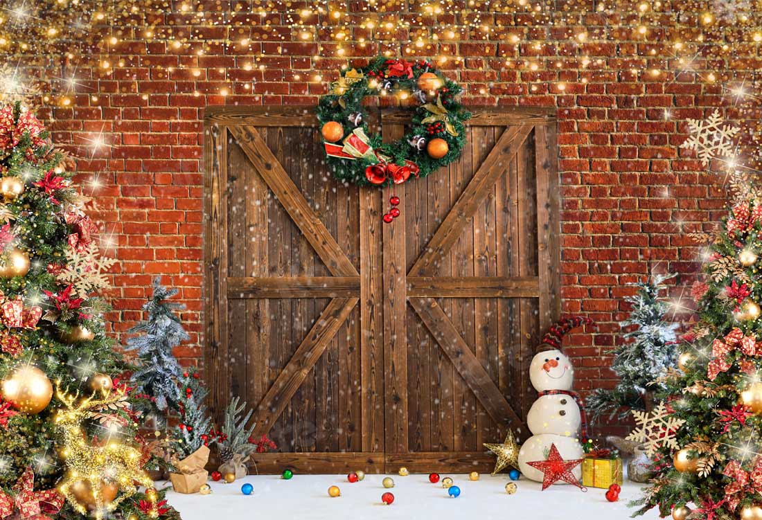 Kate Weihnachten Scheunentor Backstein Schneemann Hintergrund für Fotografie - Kate Backdrop.de