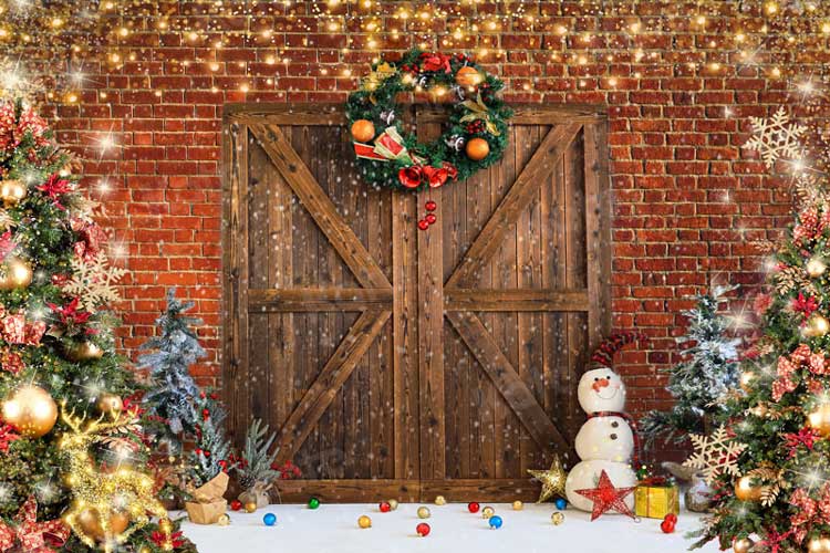 Kate Weihnachten Scheunentor Backstein Schneemann Hintergrund für Fotografie - Kate Backdrop.de
