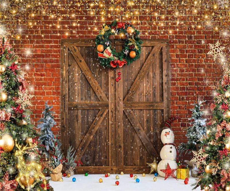 Kate Weihnachten Scheunentor Backstein Schneemann Hintergrund für Fotografie - Kate Backdrop.de