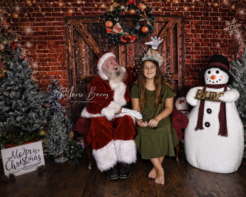 Kate Weihnachten Scheunentor Backstein Schneemann Hintergrund für Fotografie - Kate Backdrop.de