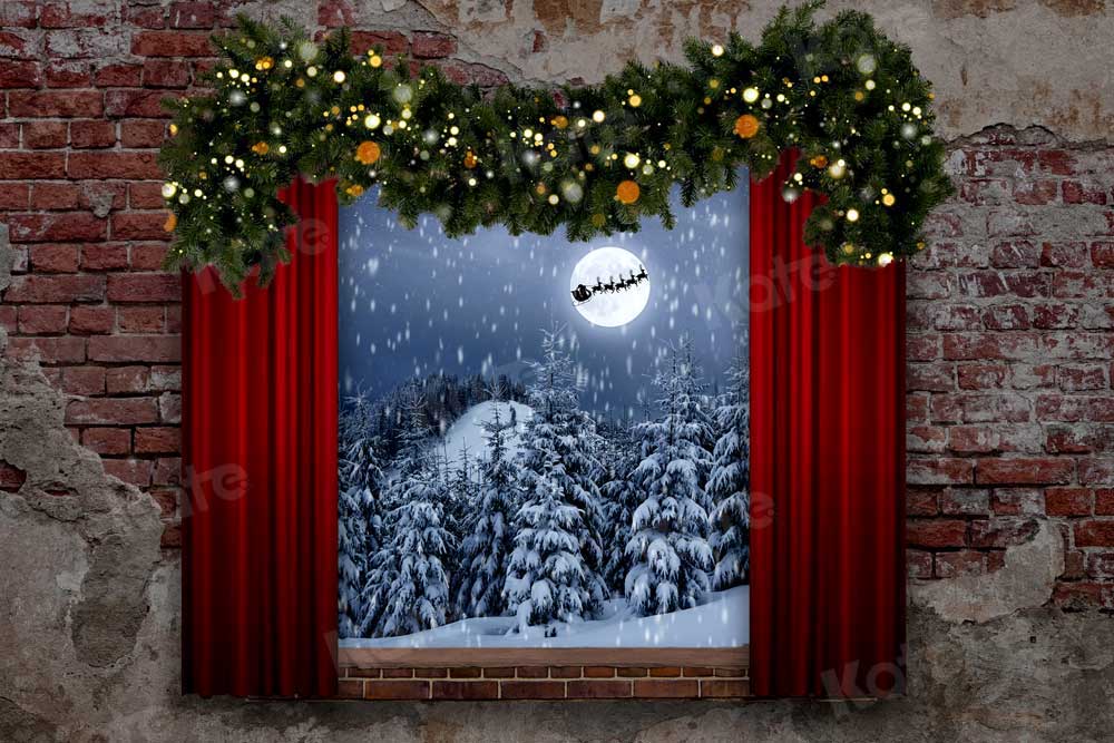 Kate Weihnachten Fenster Hintergrund Weihnachtsmann und Schlitten für die Fotografie - Kate Backdrop.de