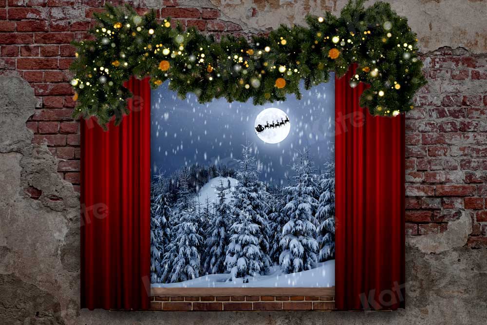 Kate Weihnachten Fenster Hintergrund Weihnachtsmann und Schlitten für die Fotografie - Kate Backdrop.de