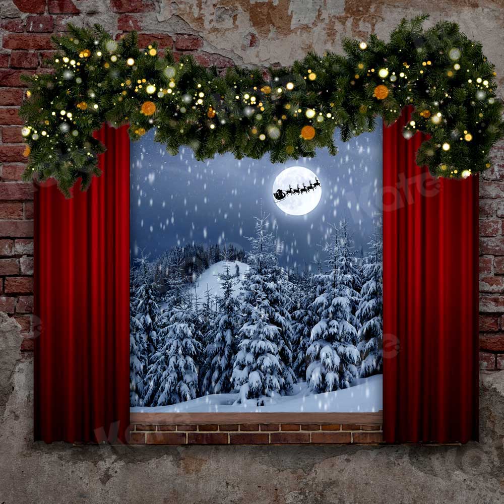 Kate Weihnachten Fenster Hintergrund Weihnachtsmann und Schlitten für die Fotografie - Kate Backdrop.de