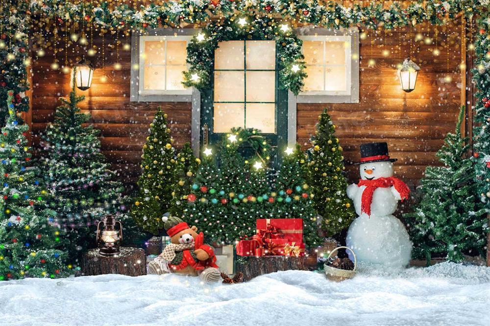 Kate Weihnachten Holzhaus Winter Schneemann Hintergrund für Fotografie