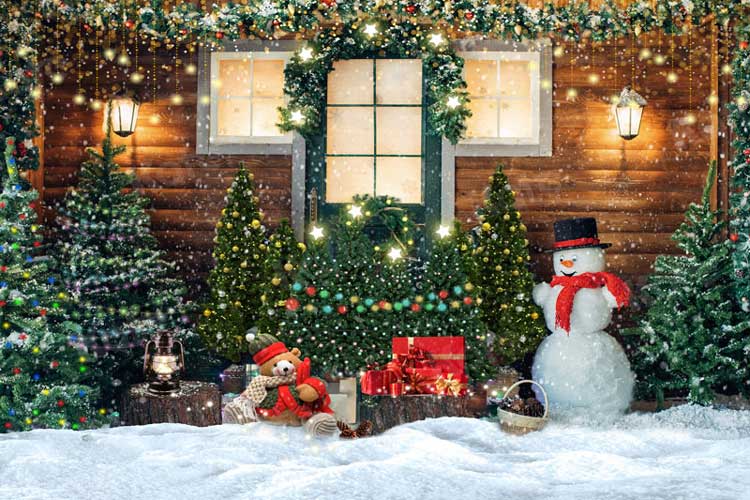 Kate Weihnachten Holzhaus Winter Schneemann Hintergrund für Fotografie