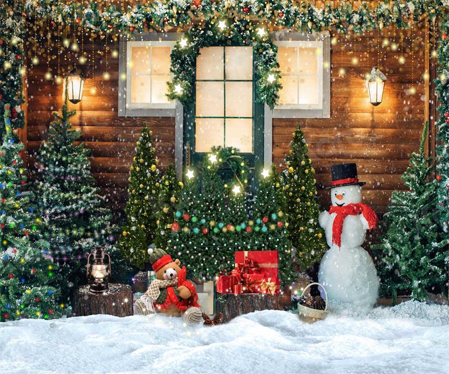 Kate Weihnachten Holzhaus Winter Schneemann Hintergrund für Fotografie