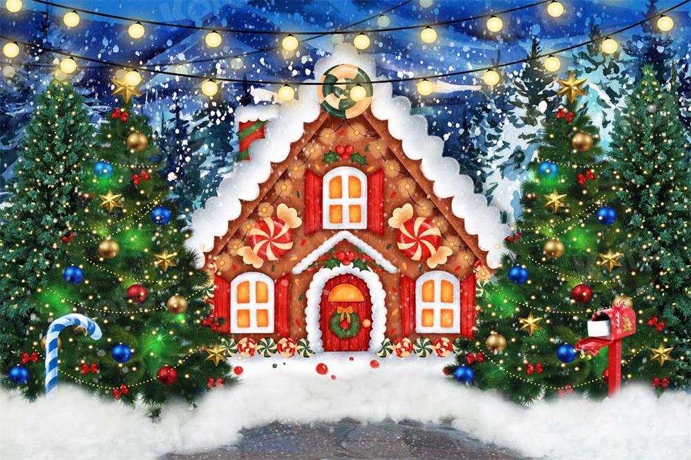 Kate Weihnachtsbaum Holzhaus Winter Schnee Hintergrund für Fotografie Weihnachten - Kate Backdrop.de