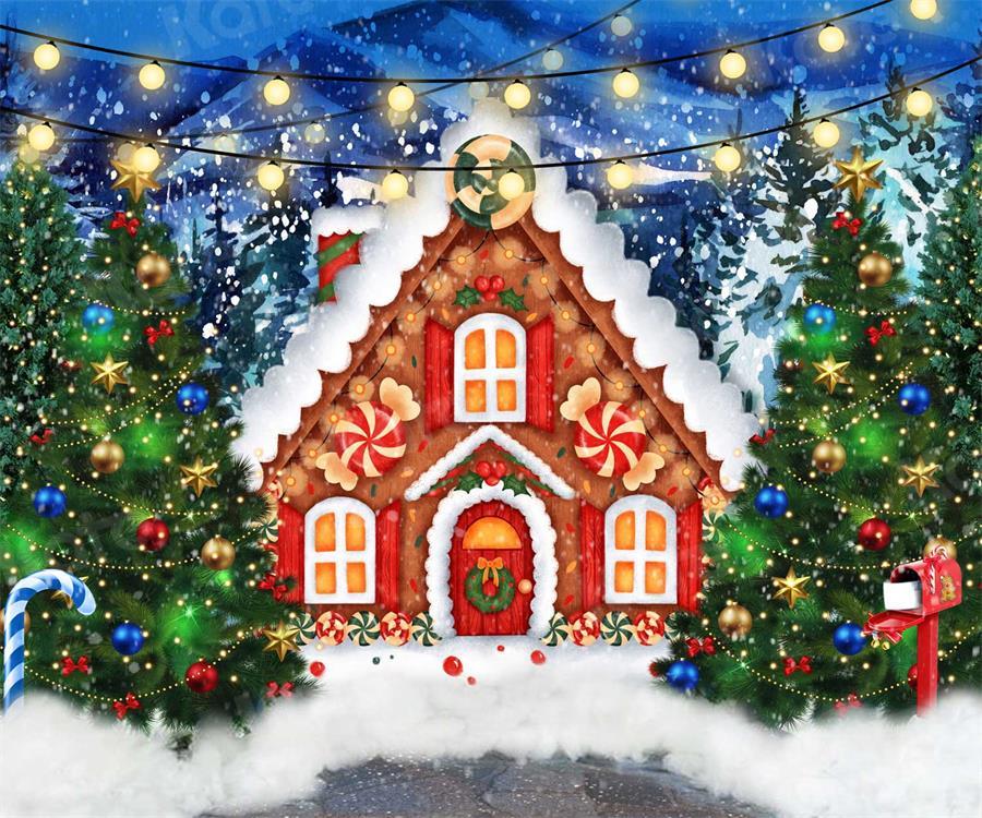 Kate Weihnachtsbaum Holzhaus Winter Schnee Hintergrund für Fotografie Weihnachten - Kate Backdrop.de