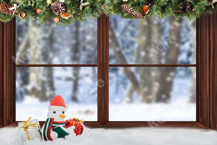 Kate Weihnachten Winter Holz Fenster Schneemann Hintergrund von Chain Photography