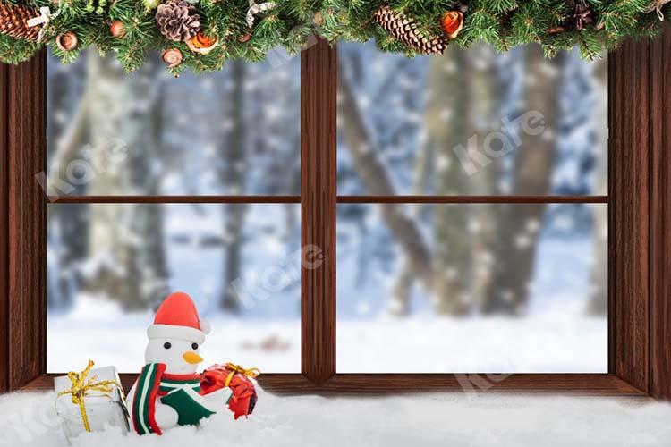 Kate Weihnachten Winter Holz Fenster Schneemann Hintergrund von Chain Photography